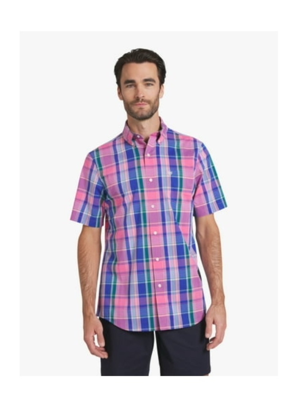 Chaps Pink and Blue Plaid Short-Sleeve Button-Down Shirt - Picture 1 of 6